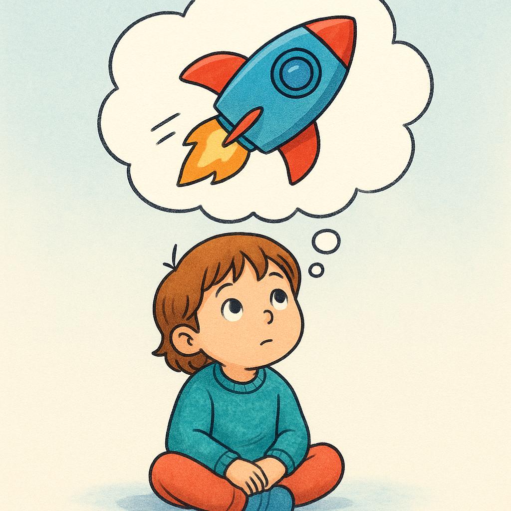 A child sits cross-legged on the floor, looking thoughtfully ahead. Above the child's head, a large, stylized thought bubble contains a vivid image of a brightly colored flying spaceship, representing imagination.