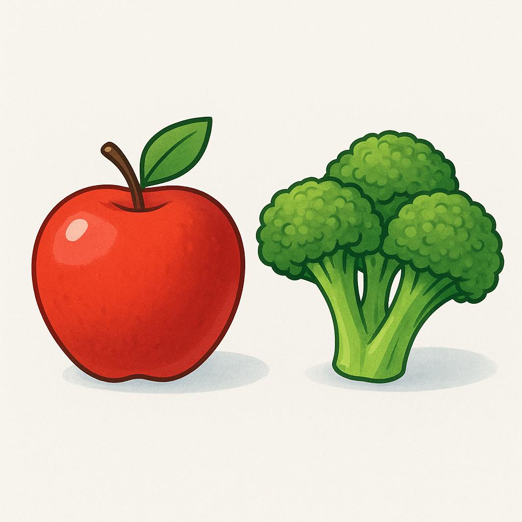 A simple colorful illustration showing a perfectly ripe red apple resting next to a small bunch of bright green broccoli florets.