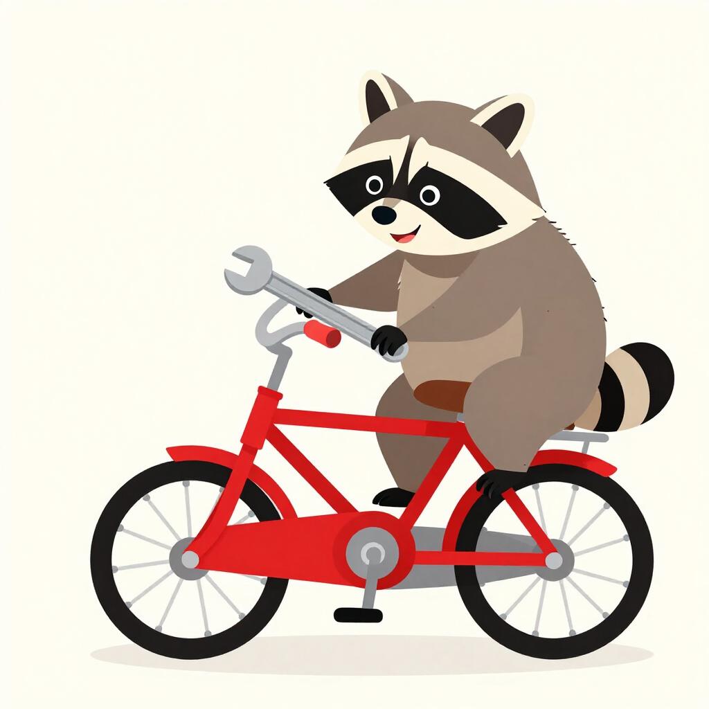Un raton laveur espiègle utilisant une petite clé pour desserrer un boulon sur un vélo jouet coloré.