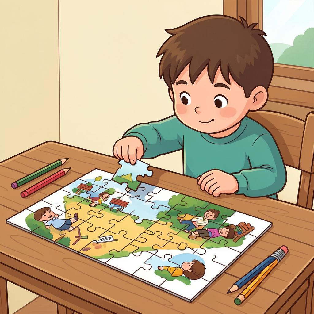 A child placing the final colorful piece into a jigsaw puzzle.