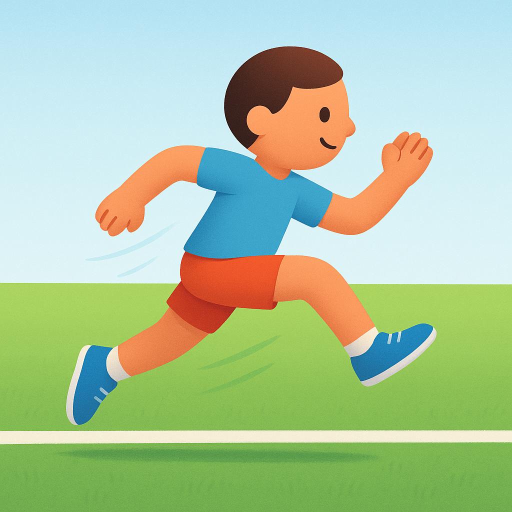 A simplified cartoon figure, depicted in a storybook style, leaping forward from a clearly marked starting line on a green field, symbolizing the beginning of an action or race.