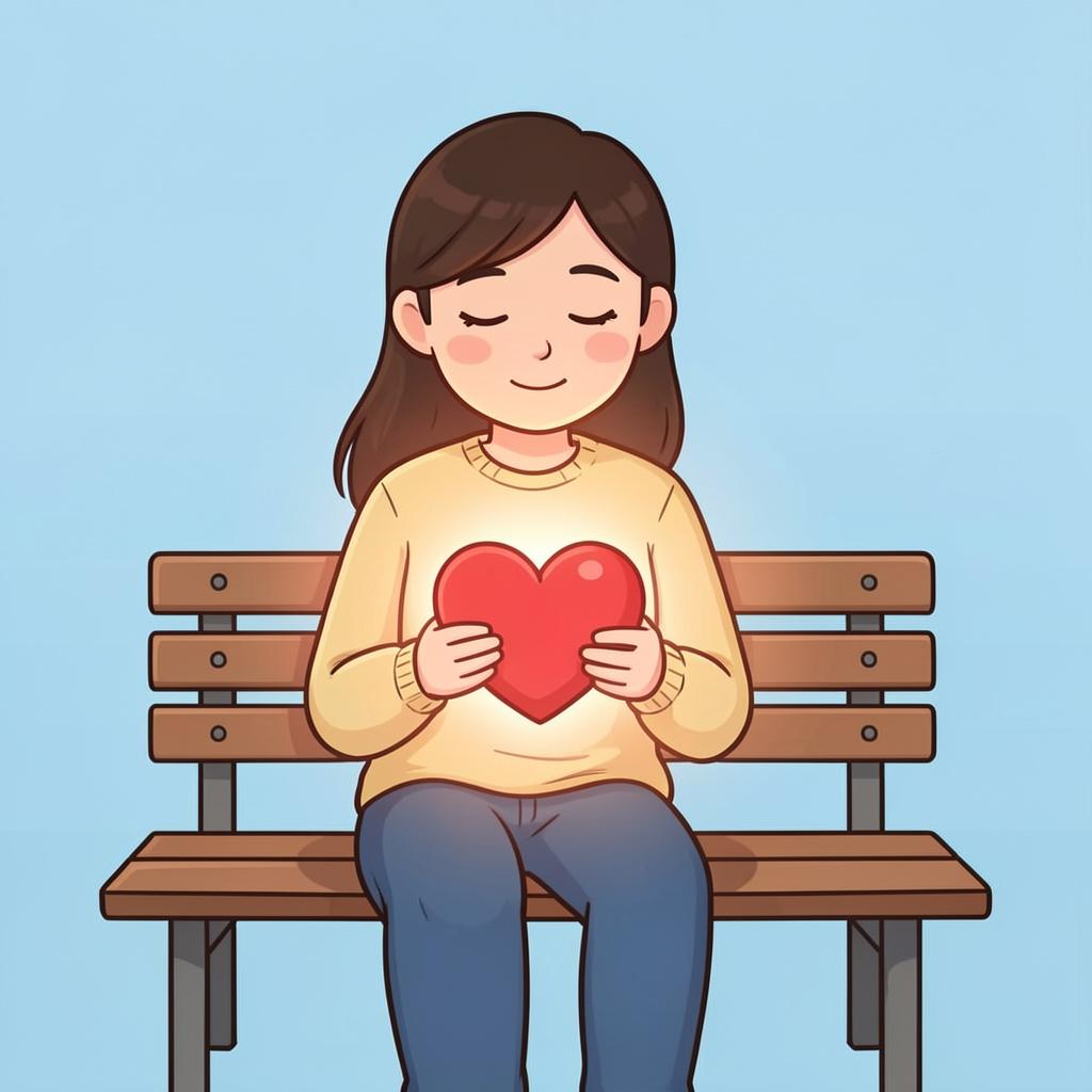 A person sitting comfortably on a bench, holding a glowing heart shape in their hands with a peaceful expression.