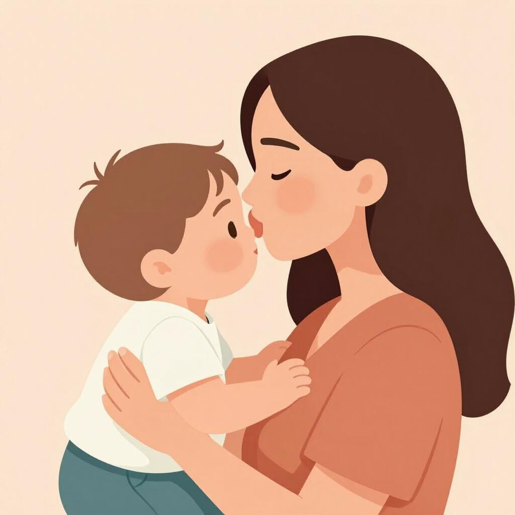 A happy mother kissing her child's forehead in a warm, loving scene.
