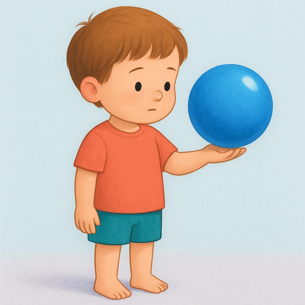 A small child stands focused and perfectly still, carefully balancing a large, bright blue sphere on the palm of their outstretched hand, illustrating stability and maintenance.