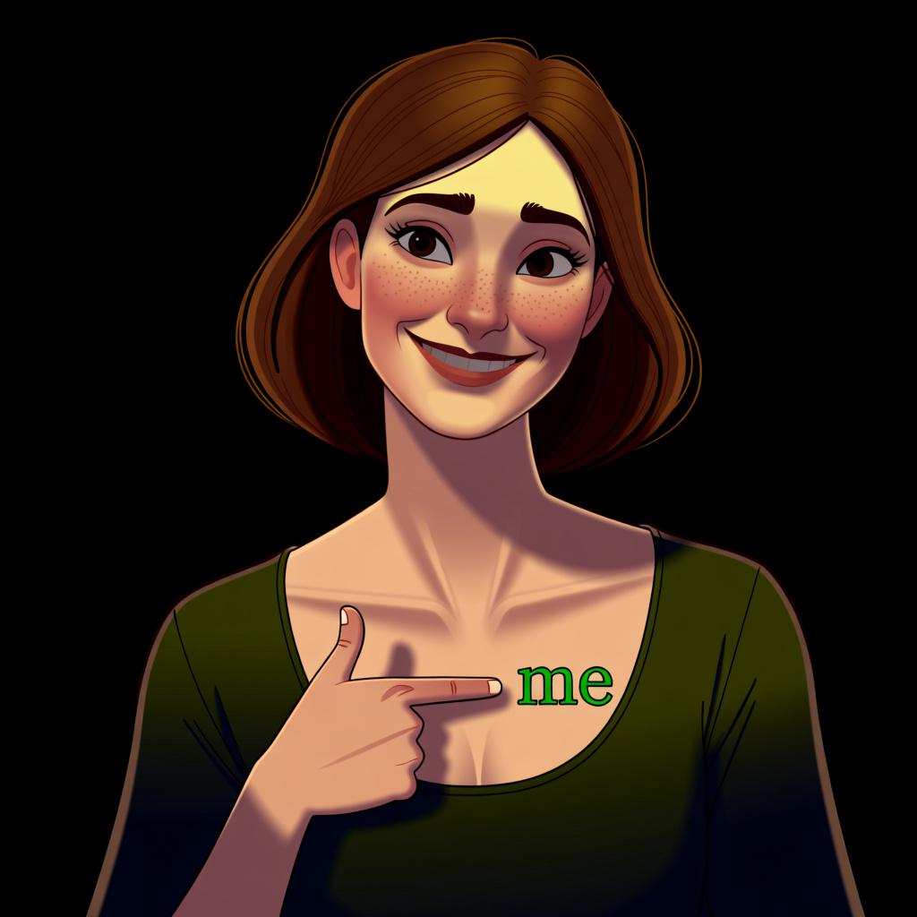 A woman smiling and pointing to herself, indicating the concept of 'she'.