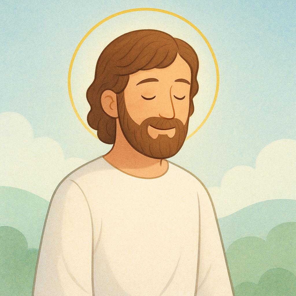 A serene, bearded man wearing a simple white robe with a subtle golden halo, representing Jesus, the central figure of Christianity.