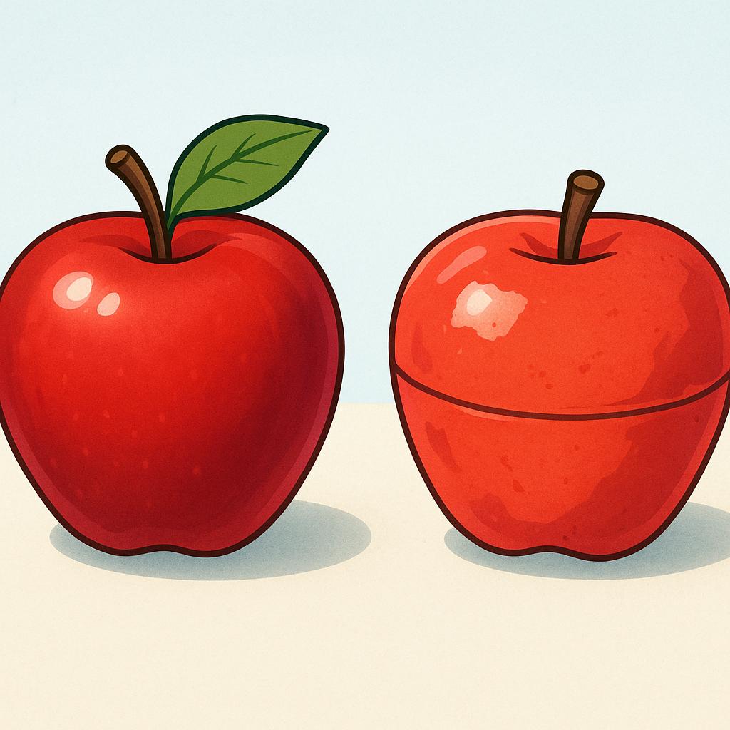 A shiny, perfect red apple resting on a table next to an identical-looking apple that is visibly made of plastic and clearly fake, symbolizing an untrue item.