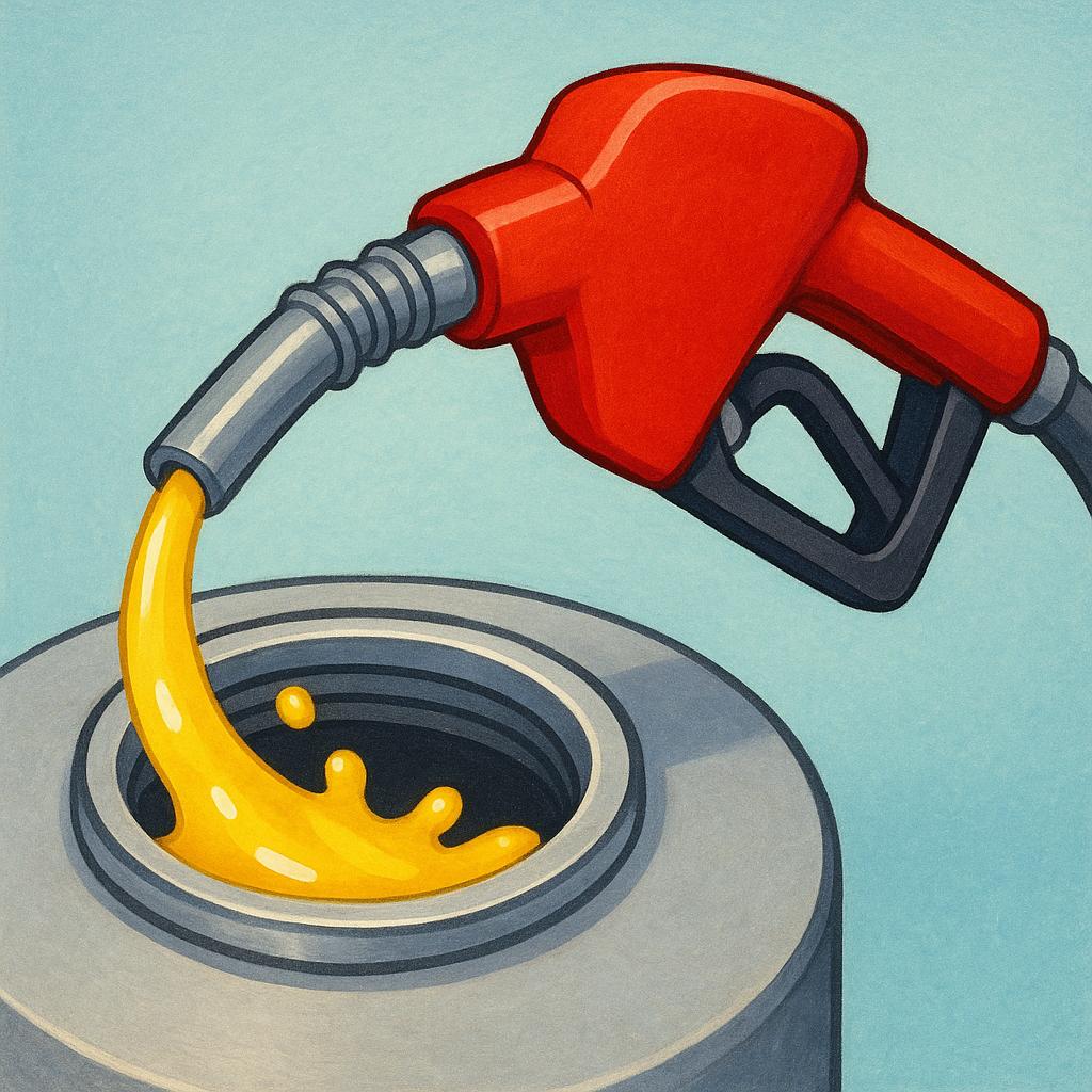 A close-up of a bright red gas pump nozzle filling a vehicle's fuel tank opening with yellow liquid fuel.