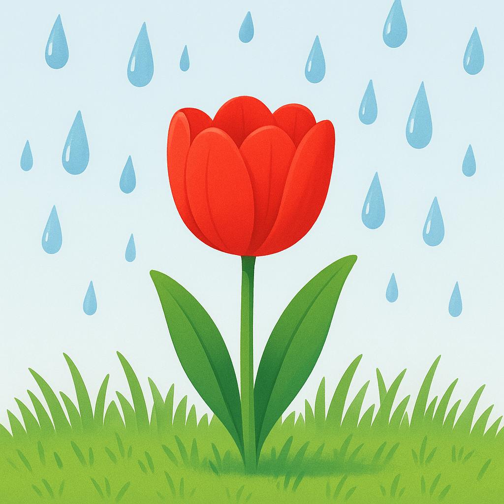 A bright red tulip fully bloomed in vibrant green grass, catching gentle blue raindrops.
