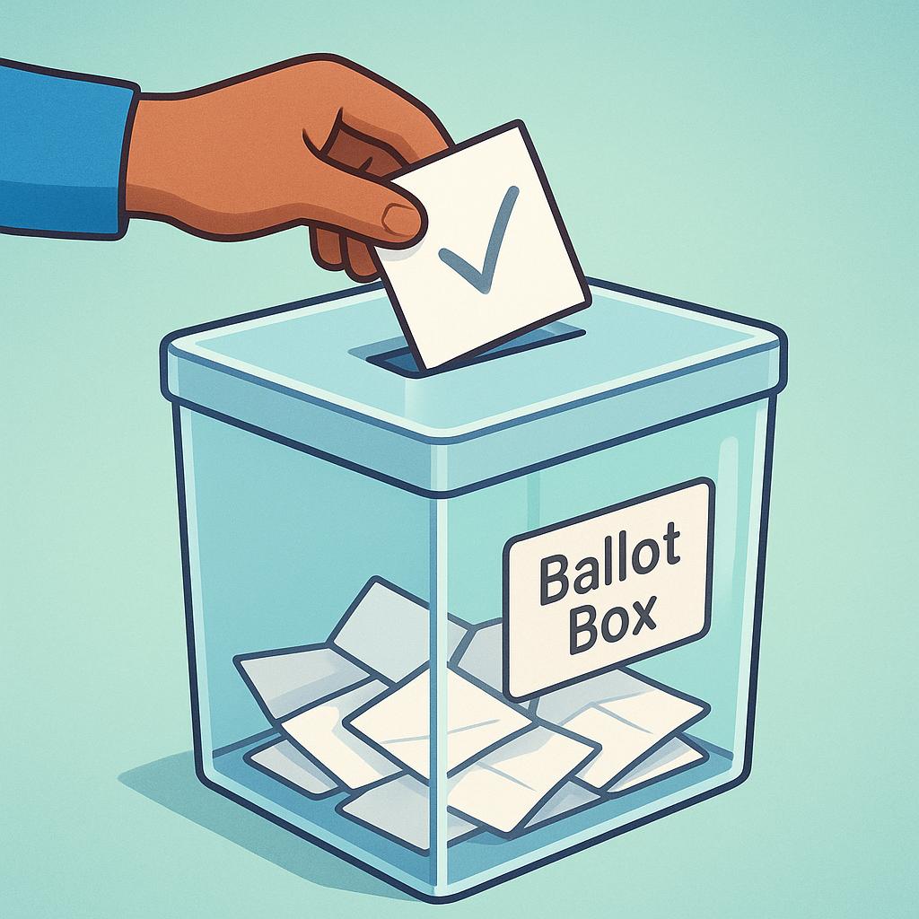 A cartoon hand dropping a folded ballot into a transparent, sealed ballot box labeled 'VOTE'.