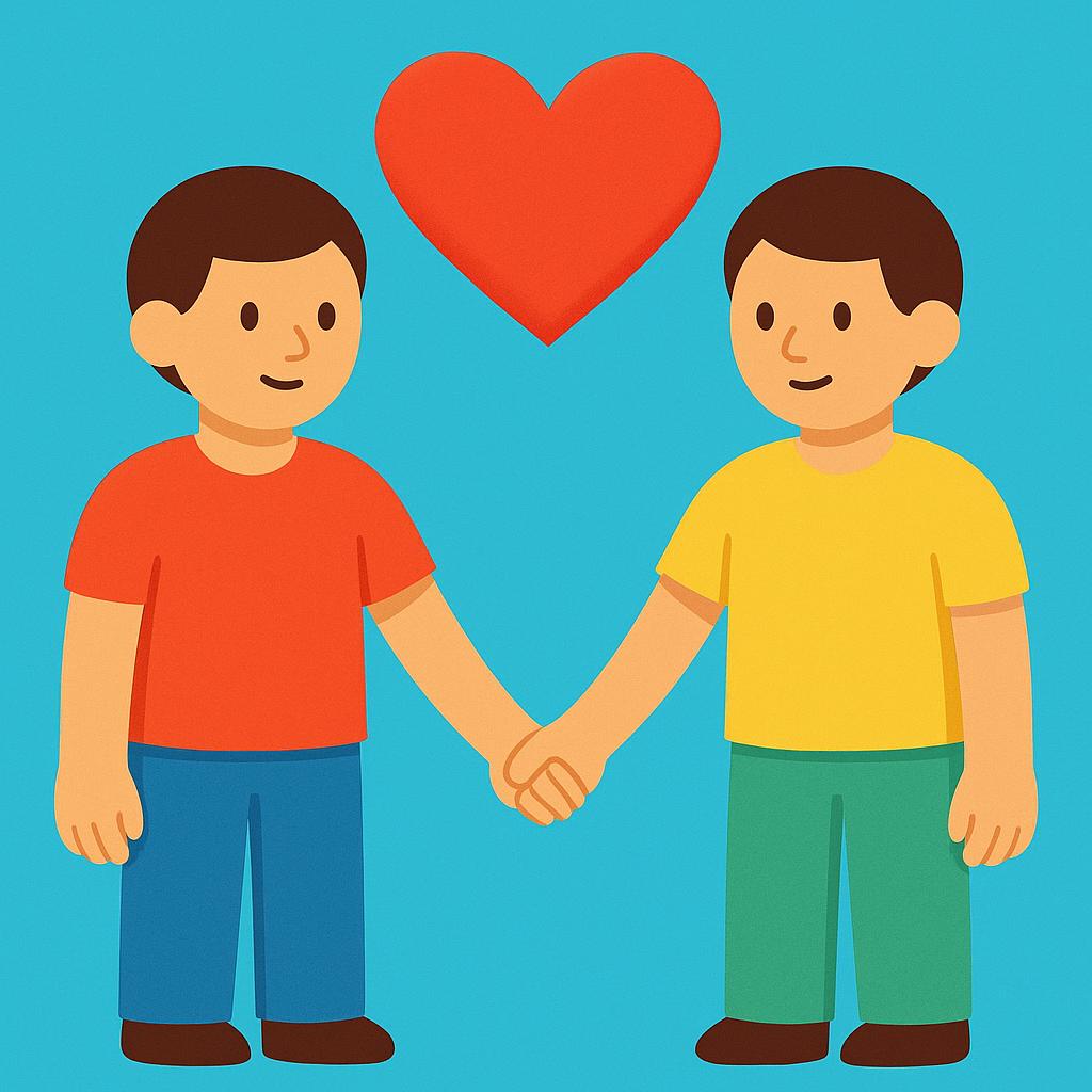 Two identical, stylized figures holding hands under a large red heart, symbolizing same-sex orientation.