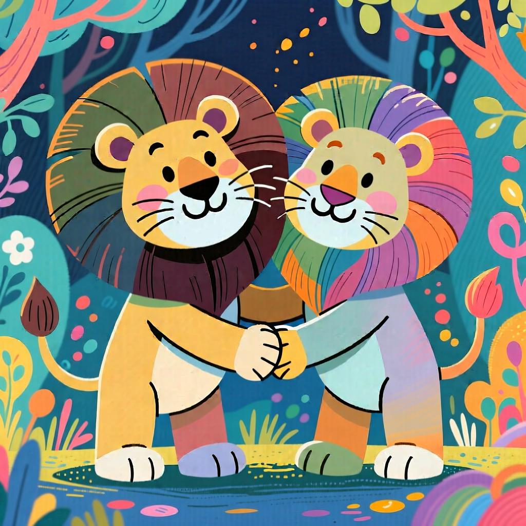 Two stylized, friendly lions standing shoulder to shoulder, looking forward.