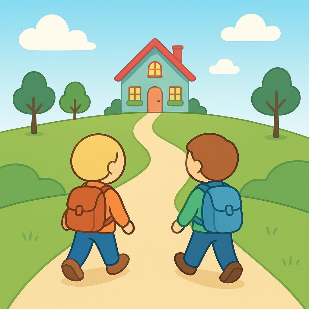 A colorful storybook illustration depicting two simplified figures walking along a path leading directly toward a brightly colored, welcoming house, illustrating that they are about to reach their destination.
