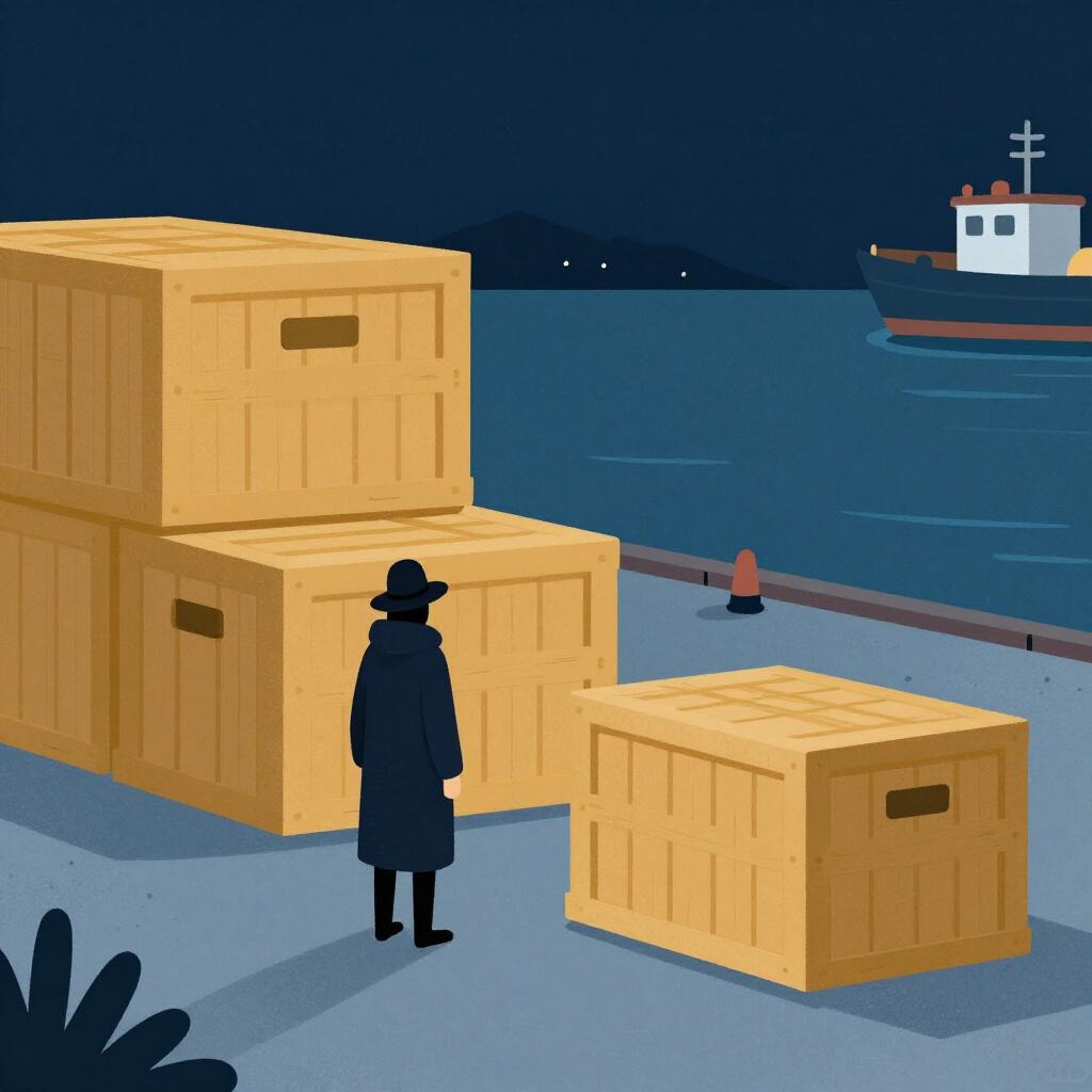 A high-quality storybook illustration of a shadowy figure standing next to a large stack of mysterious wooden crates on a dark dock at night.