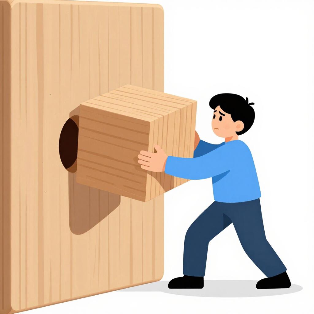 Uma ilustração colorida de um livro de histórias de uma pessoa boba tentando encaixar um bloco quadrado grande em um buraco redondo pequeno.