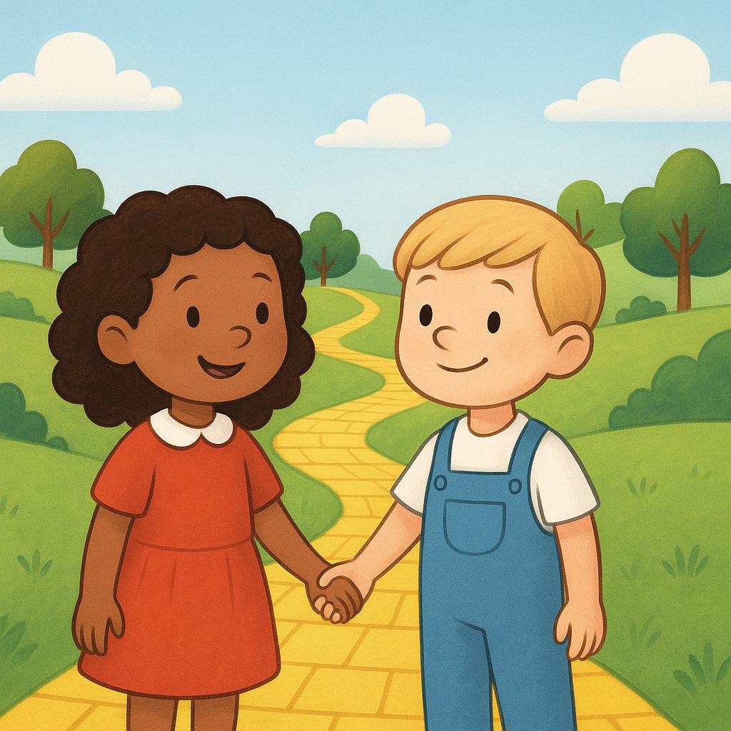 Two small children, holding hands, stand at the beginning of a brightly colored, winding path that leads into a lush landscape, suggesting they are about to start a journey.