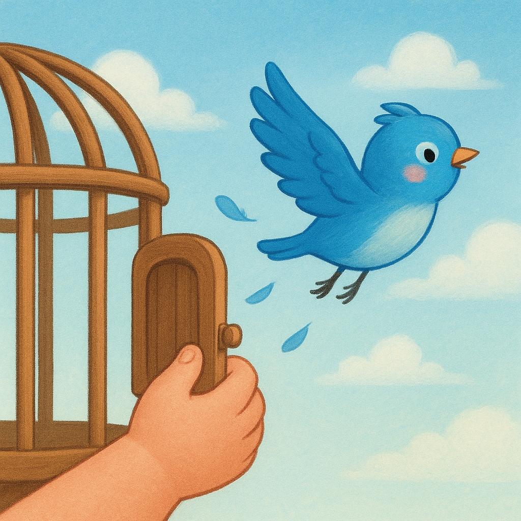 A child's hand gently opening the door of a small, wooden birdcage, allowing a bright blue female bird to fly out toward the bright sky, symbolizing release.