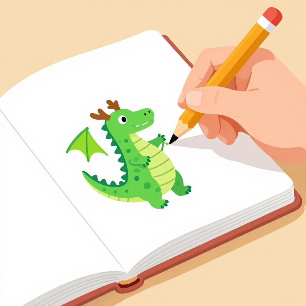 Uma criança desenhando um dragão colorido em um livro.