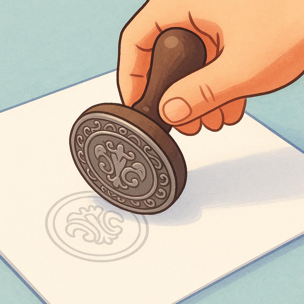 A close-up view of a hand pressing a large, ornate, round official seal onto a simple white document, symbolizing authorization.
