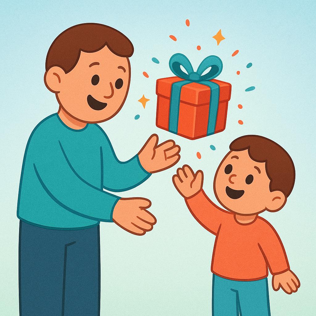 A colorful storybook illustration depicting two friendly figures standing side-by-side, happily receiving a brightly wrapped gift box. They are smiling as they accept the item.