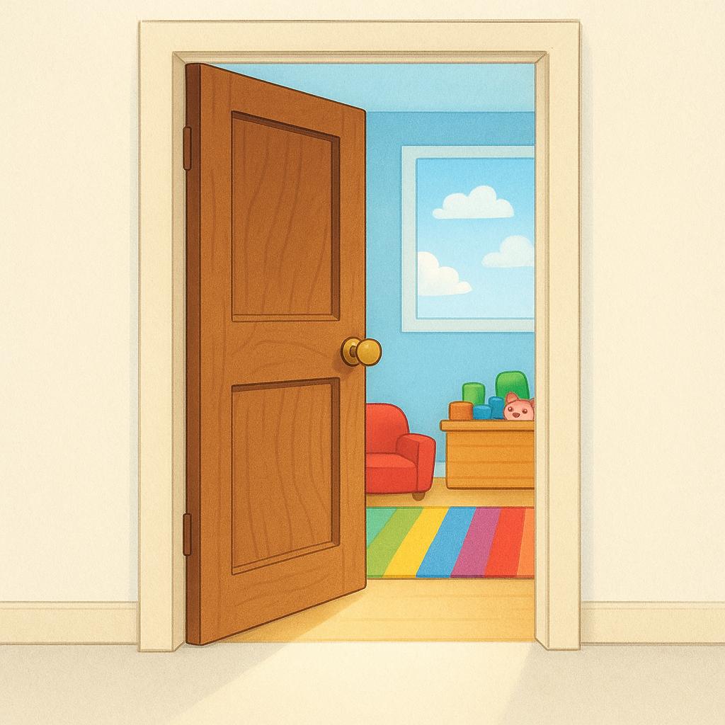 A wooden door slightly ajar, revealing a bright interior.