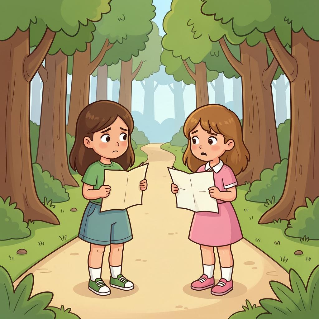 A high-quality storybook illustration of two small girls looking confused at a fork in a forest path.