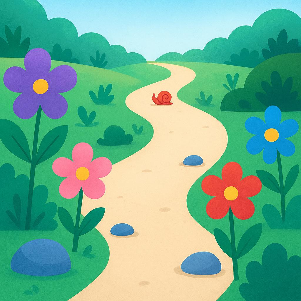 A brightly colored snail is far along a winding path, illustrating something that has advanced or moved forward.