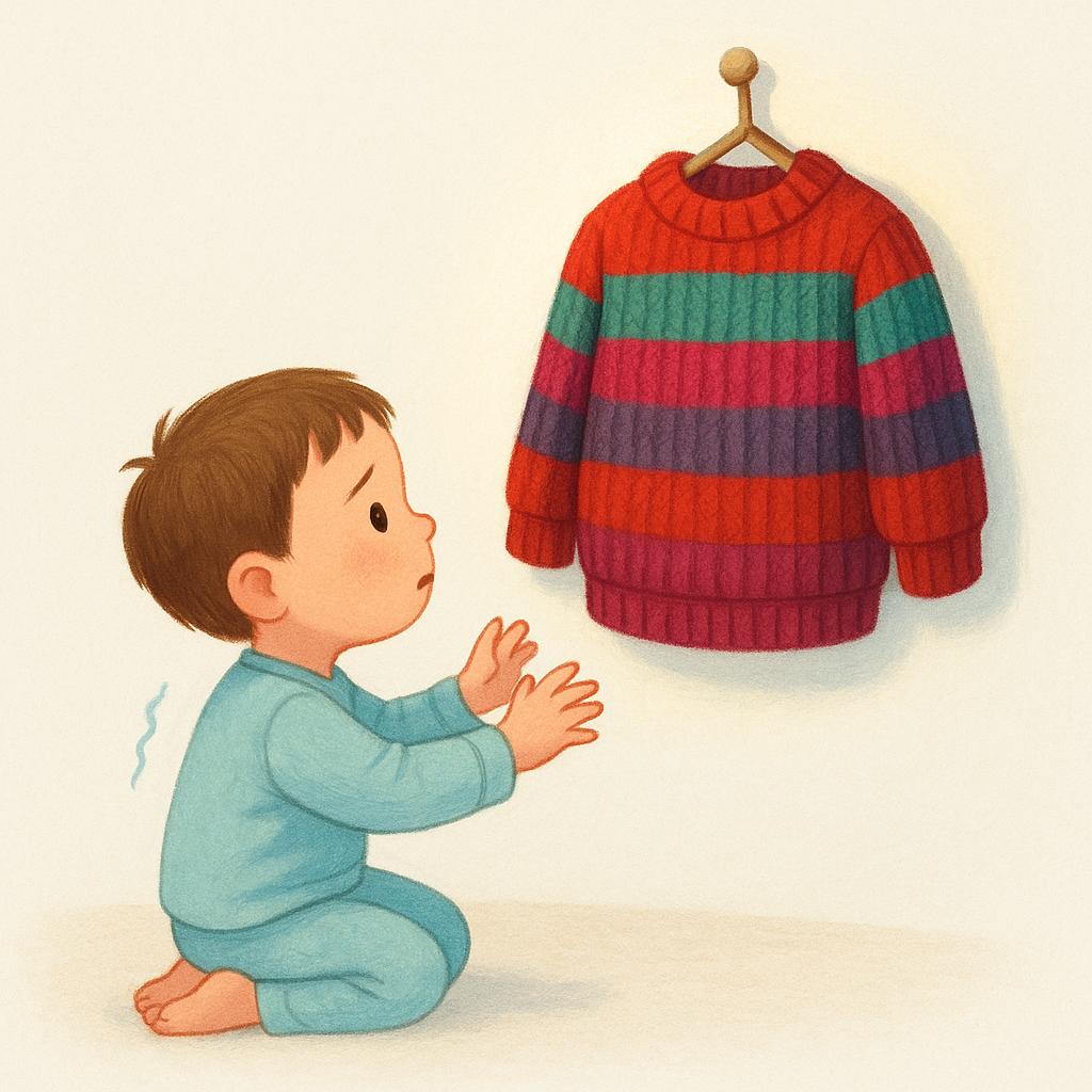 A small, slightly shivering cartoon child sitting on the floor, looking intently and longingly at a large, brightly colored, cozy sweater hanging just out of reach.