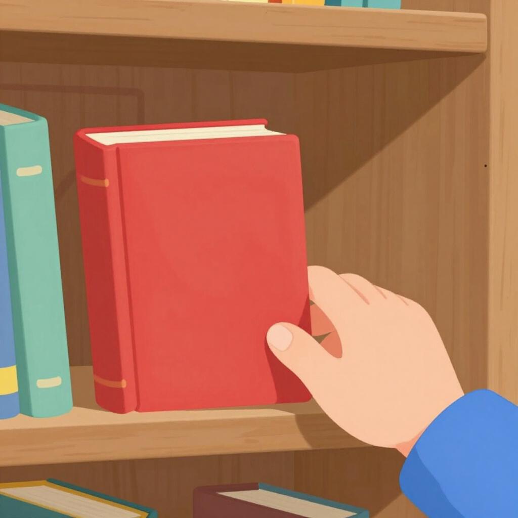 分厚い赤い本を木の棚にそっと置いている漫画の手。