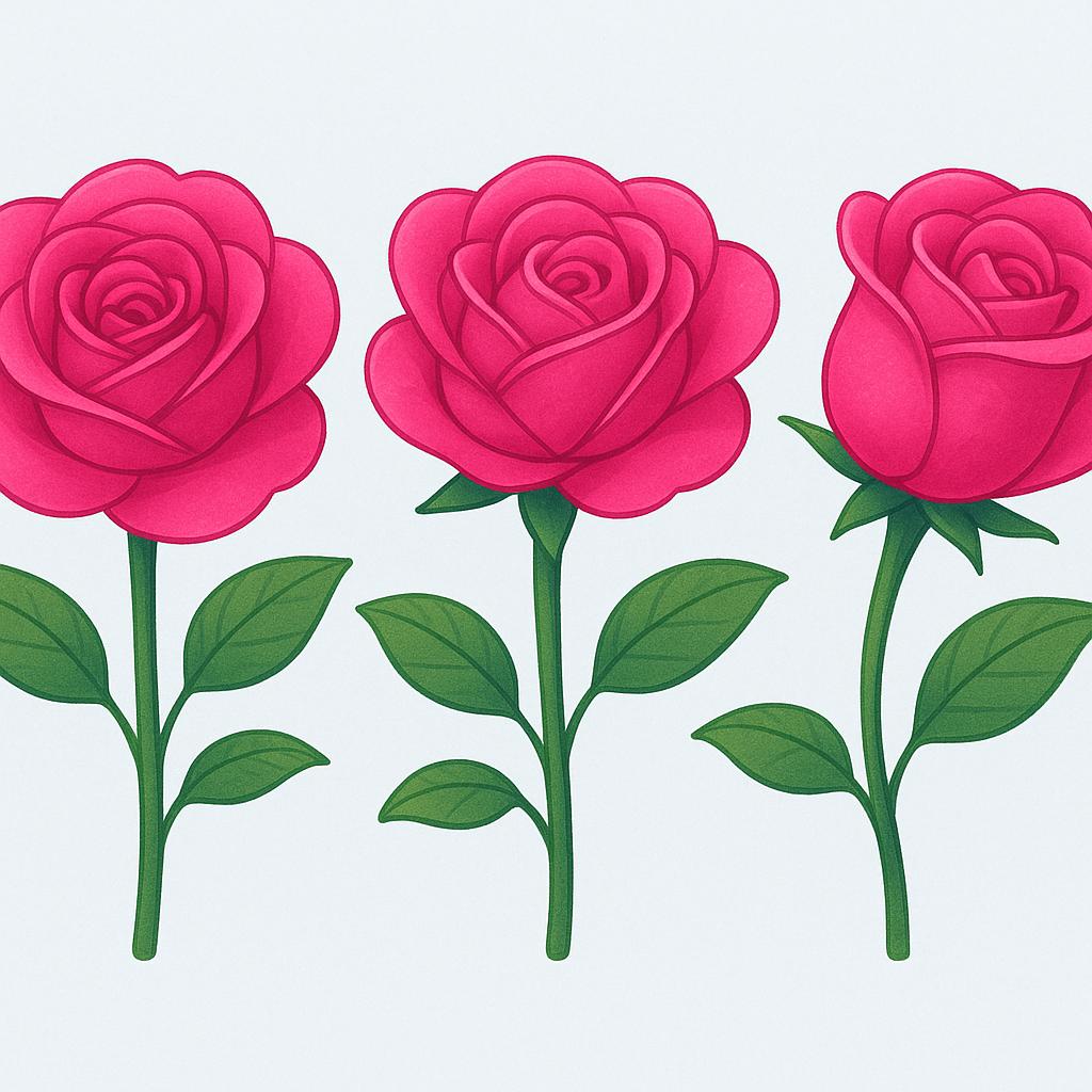A high-quality, simple illustration showing three vibrant pink roses with green stems and leaves, set against a soft background, emphasizing their beauty.