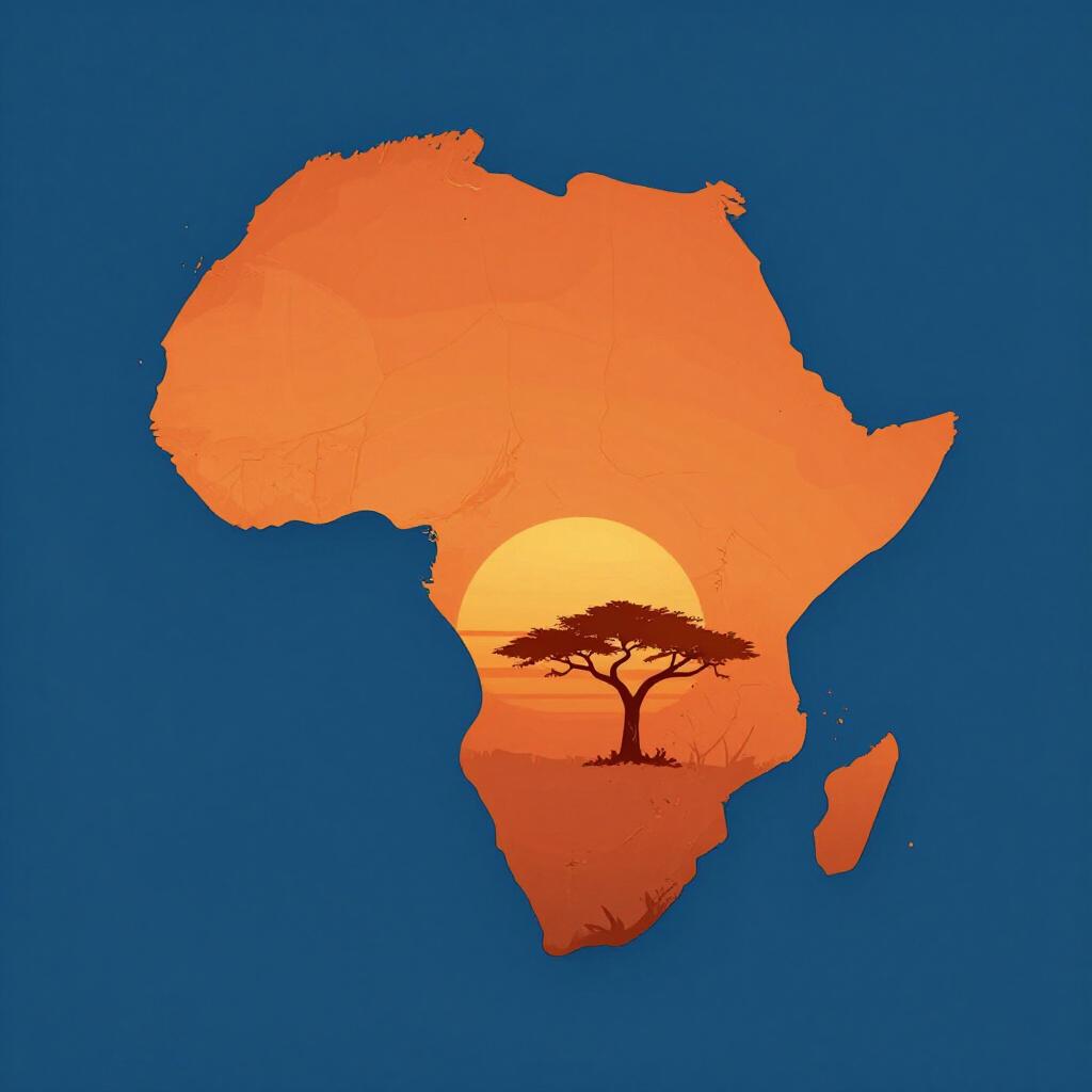 A colorful map silhouette of the continent of Africa with a vibrant sunset background.