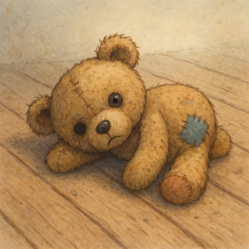 A worn-out, dirty teddy bear with a missing button eye lying alone on a dusty wooden floor.