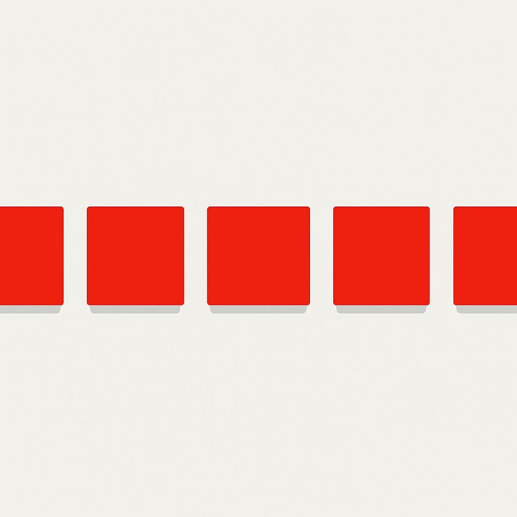 Five identical red squares lined up perfectly in a straight row, illustrating consistency.