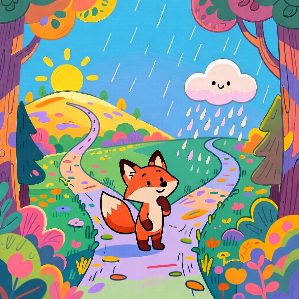 A small, friendly cartoon fox standing at a fork in a bright forest path, looking thoughtfully between a sunny direction and a direction leading toward a gentle rain cloud.