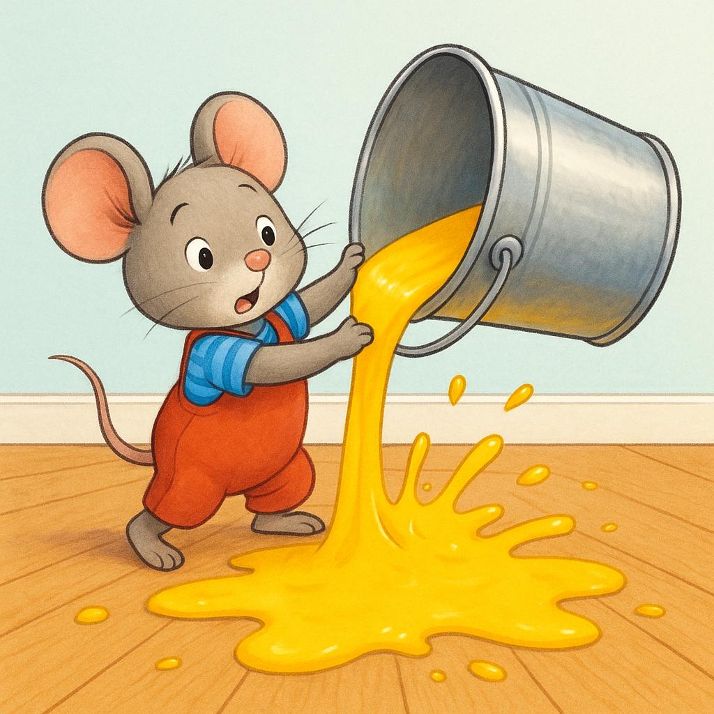 A small, simple character, like an anthropomorphic mouse, is actively tipping over a large, brightly colored bucket of paint, causing a noticeable spill on a clean wooden floor.