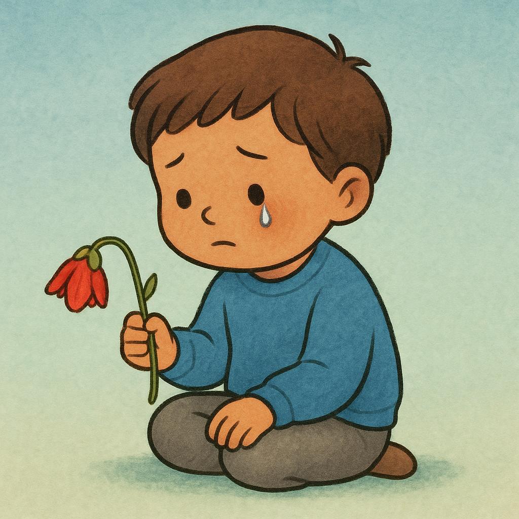 A small child sitting alone, looking sad and holding a single wilted flower.