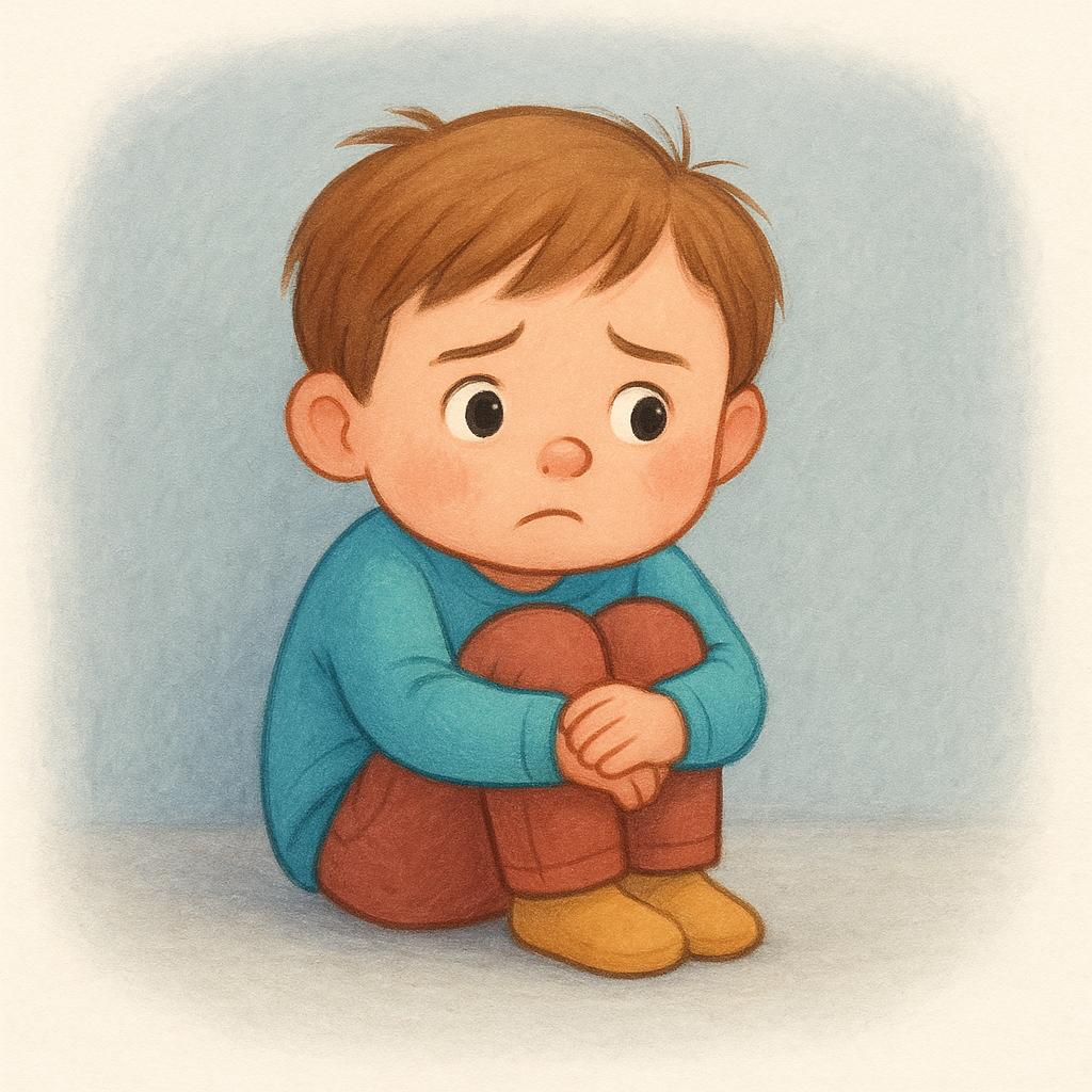 A high quality illustration of a small child sitting alone, curled up tightly, hugging their knees. Their expression is worried and apprehensive, symbolizing a state of continuous fear.