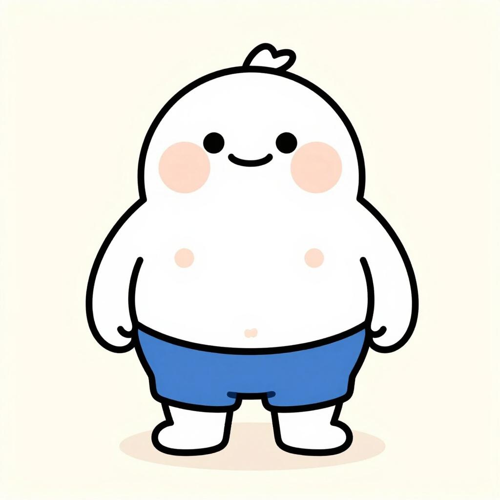 A friendly cartoon character with a round, large body size, standing and smiling.