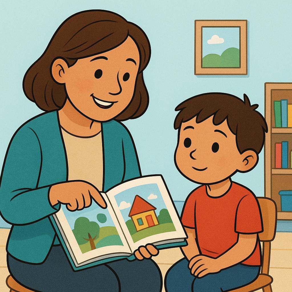 A colorful storybook illustration showing an adult teacher pointing to an open book while a young student listens attentively, symbolizing the act of teaching.