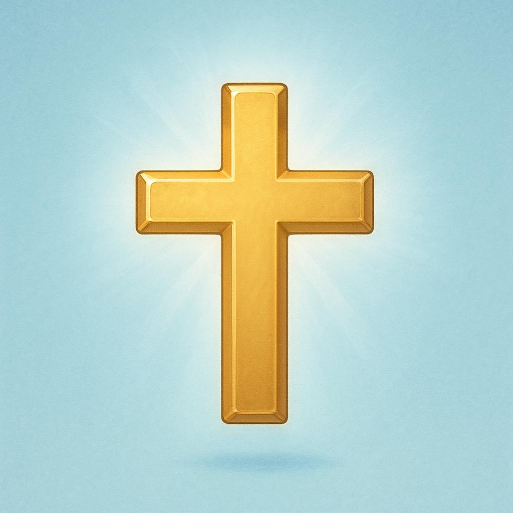 A golden cross floating in the sky surrounded by a bright, ethereal glow, symbolizing holiness.