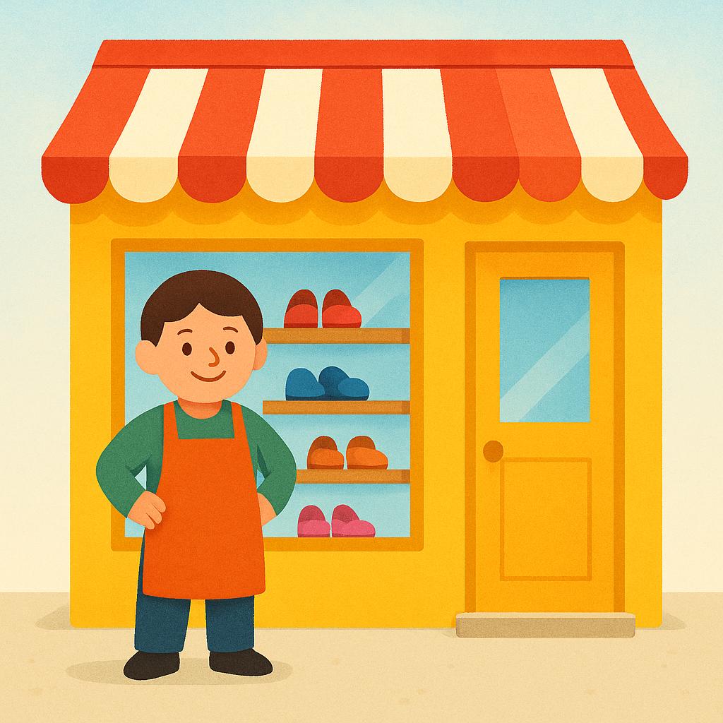 A friendly shopkeeper standing outside a small, bright storefront with colorful shoes displayed in the window, representing a business.