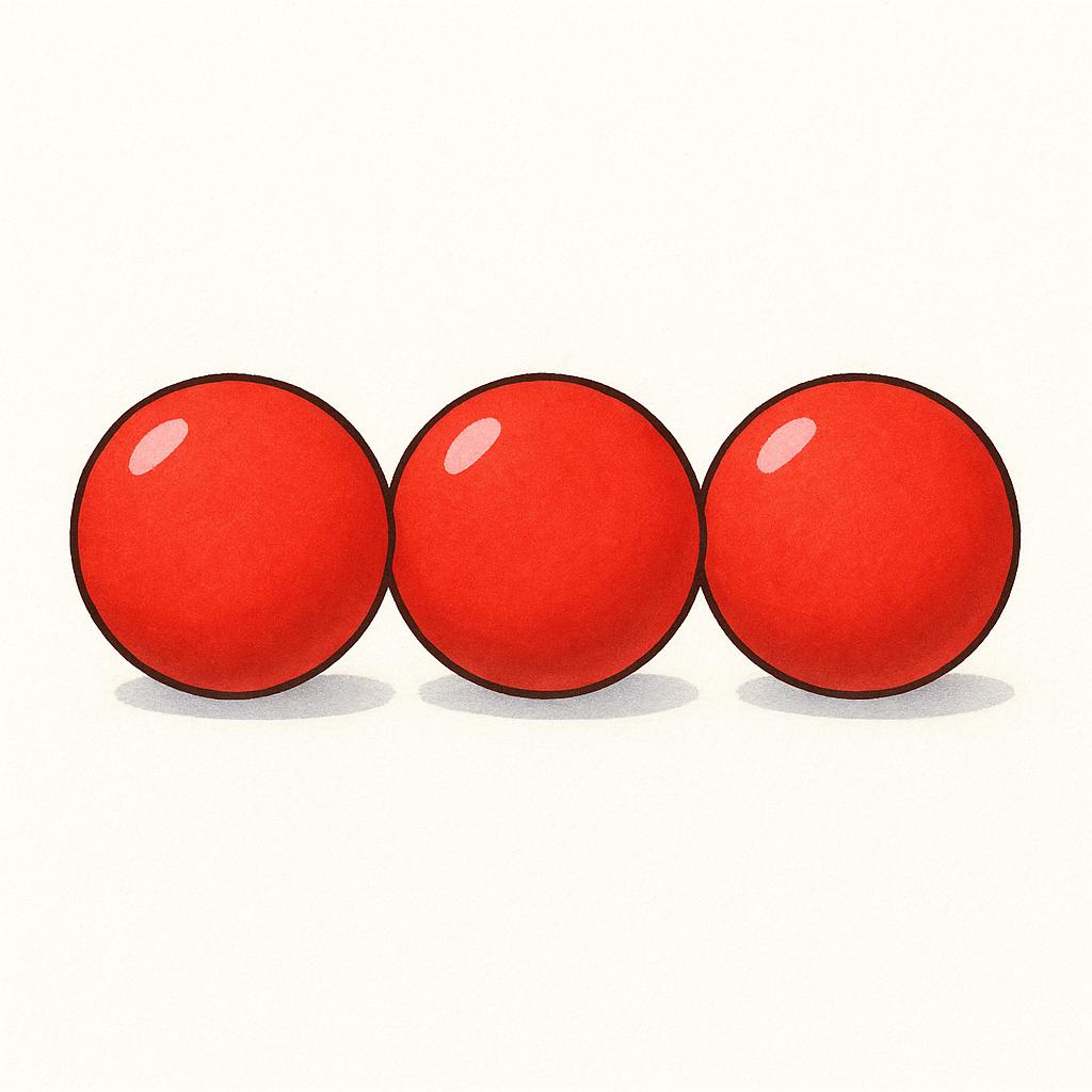 Three identical, perfectly round red balls lined up in a straight horizontal row, touching each other to show a consecutive sequence.