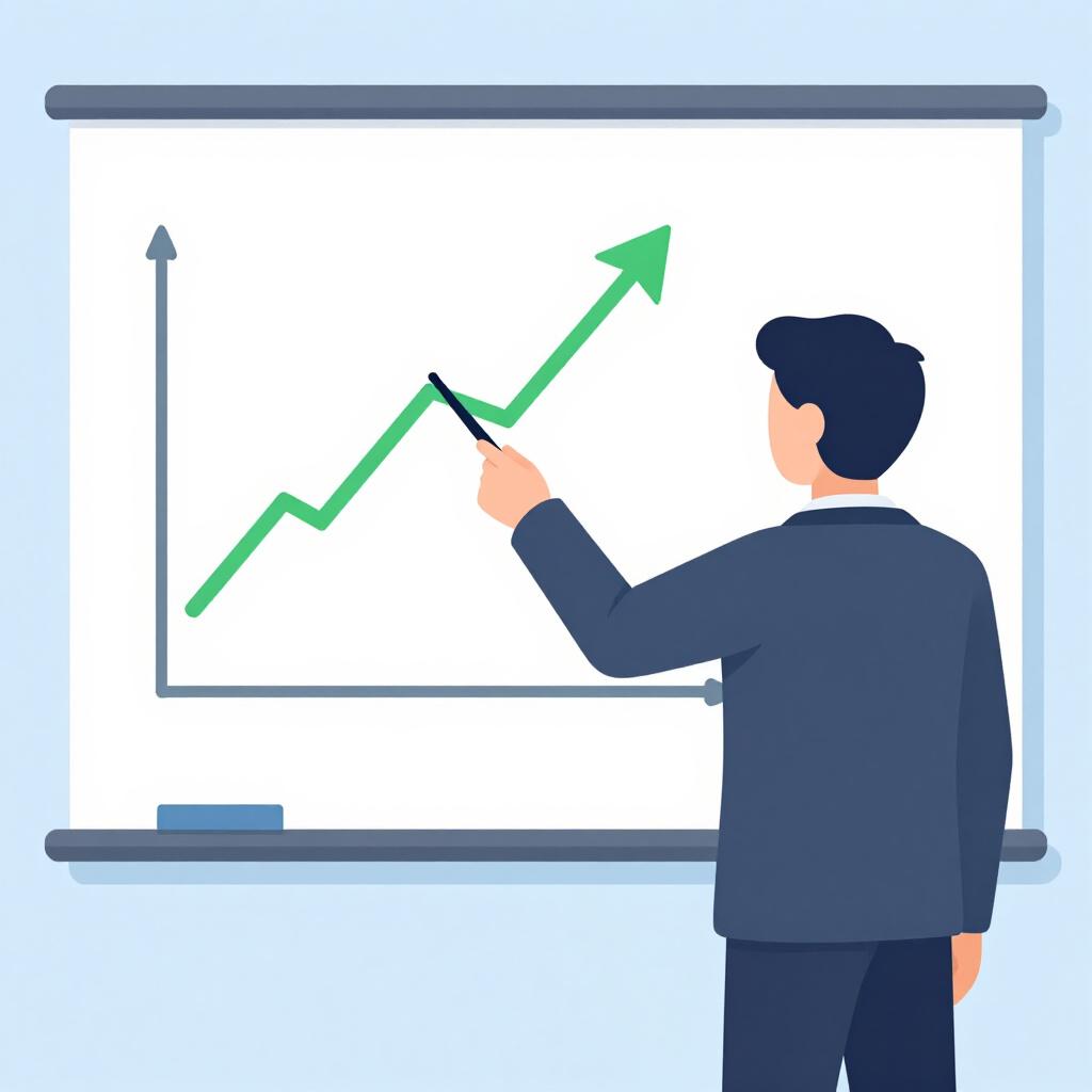 Eine professionelle Person im Anzug, die auf einen steigenden Liniendiagramm auf einem großen Bildschirm blickt.