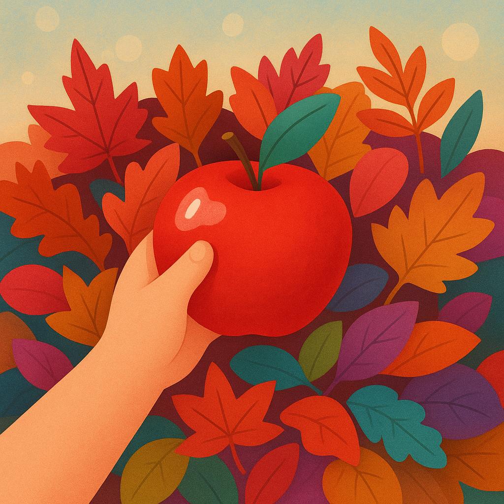 A close-up view of a child's hand reaching into a pile of colorful autumn leaves and successfully grasping a single, shiny red apple.