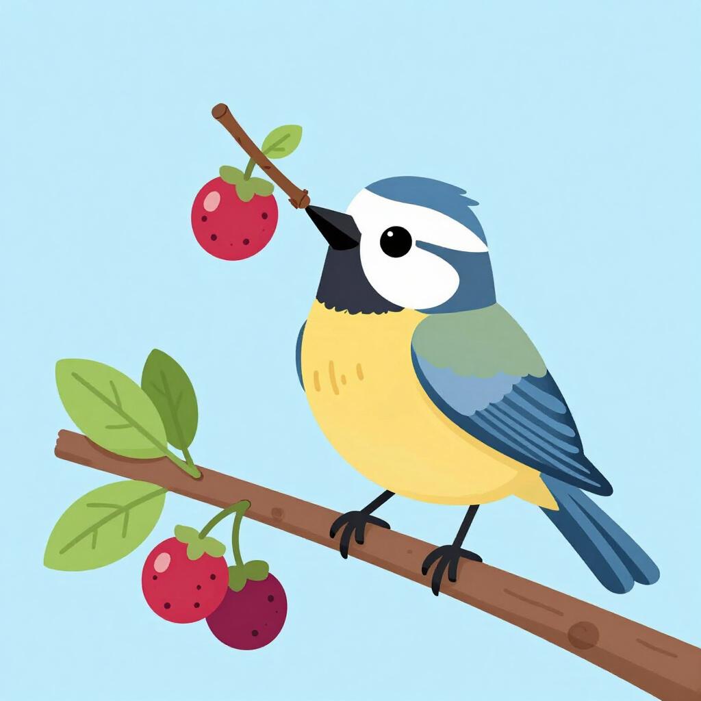 Um pequeno pássaro usando um galho para alcançar um pedaço de fruta em um galho alto.