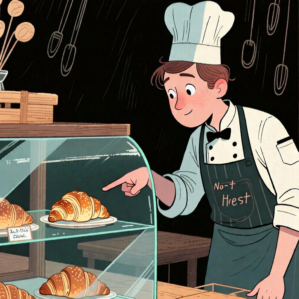 A person in a bakery pointing to a specific croissant in a display case, indicating 'that one'.