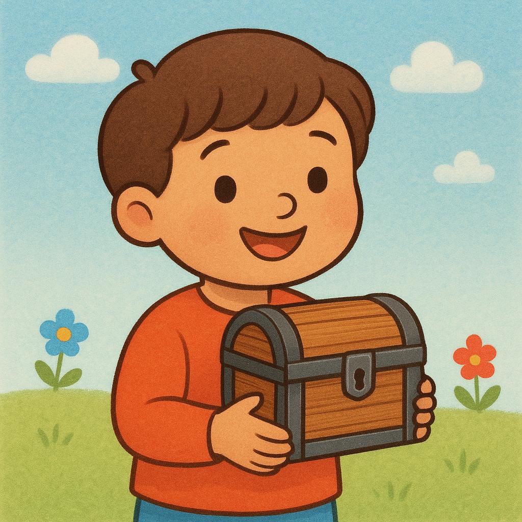 A smiling young person happily holding a small, closed wooden treasure chest that they just received.