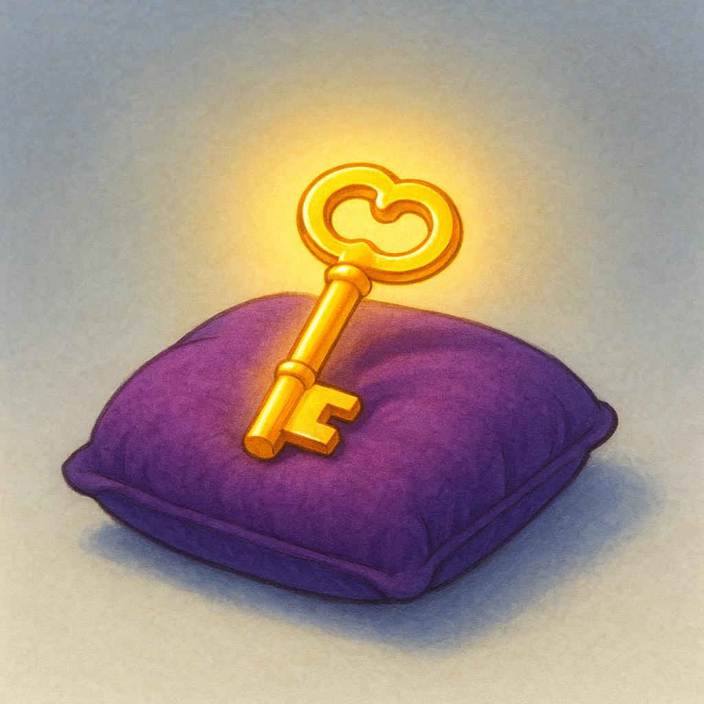 A small, brightly glowing golden key resting on a small, purple velvet cushion, symbolizing its importance and value.
