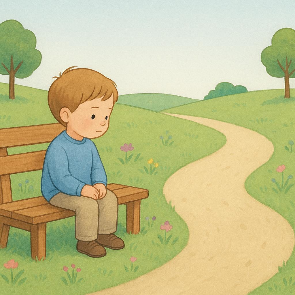 A small child sitting patiently on a simple wooden bench, looking down an empty, winding path with an expectant expression.