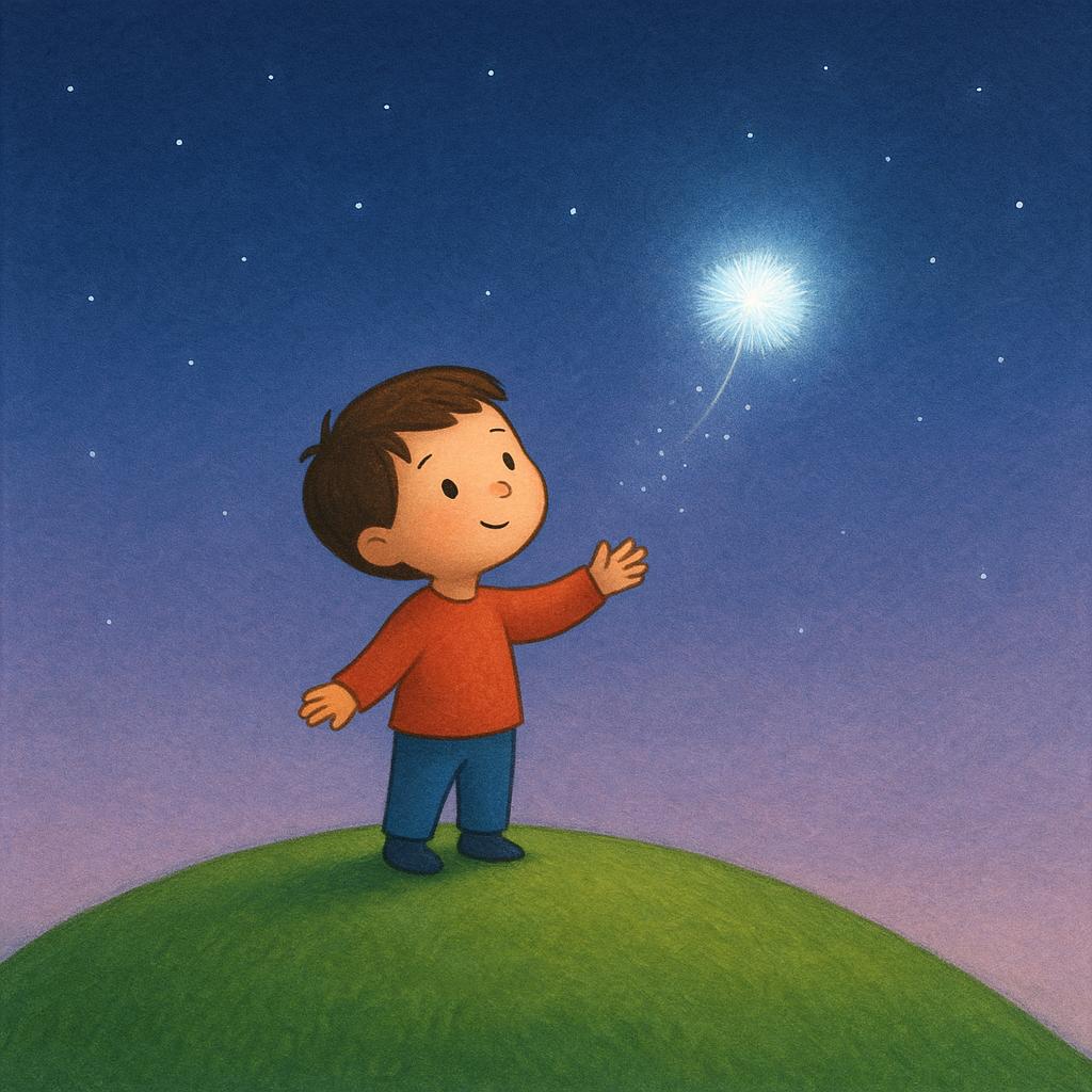 A stylized illustration of a small person standing on a grassy hill at twilight, releasing a single glowing dandelion seed puff into the air toward a distant star.